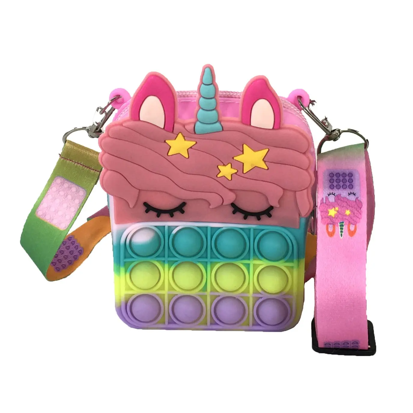 Fashion Culture Women's Tiny Unicorn Graphic Coin Purse - Multicolored Bubble Popper Pouch, Adjustable Strap Micro Crossbody Shoulder Bag for Everyday Small Belongings