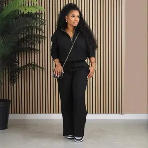 Two-Piece Women's Solid Zip-Up Funnel Neck Sweatshirt & Drawstring Waist Pants Set for Fall & Winter Casual Cozy Everyday Wear Fashion Womenswear