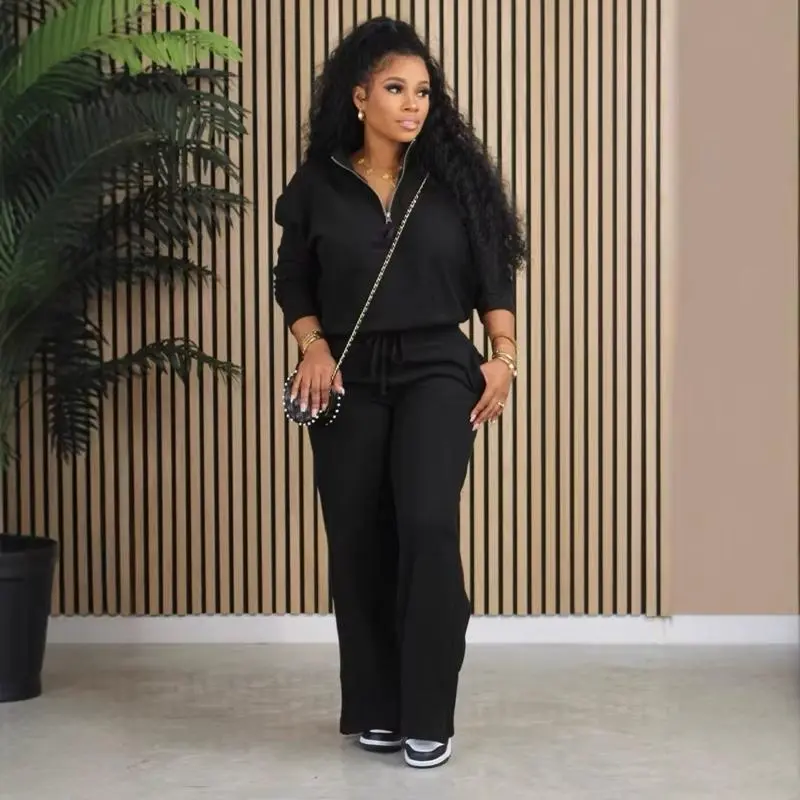 Two-Piece Women's Solid Zip-Up Funnel Neck Sweatshirt & Drawstring Waist Pants Set for Fall & Winter Casual Cozy Everyday Wear Fashion Womenswear