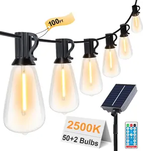 100ft Solar Powered LED String Lights with 52 ST38 Edison Bulbs, 8 Lighting Modes Waterproof Adjustable Dimmable Patio Lights, 2500K Warm White Ambient Lighting for Backyard Garden Outdoor Decoration