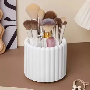 360° Rotating Large Capacity Makeup Brush Holder - White Plastic Cosmetic Storage Box, Multi-Compartment Design, Suitable for Lipsticks and Beauty Product Storage - Stylish Vanity Organizer, Elegant Makeup Tool Storage Box