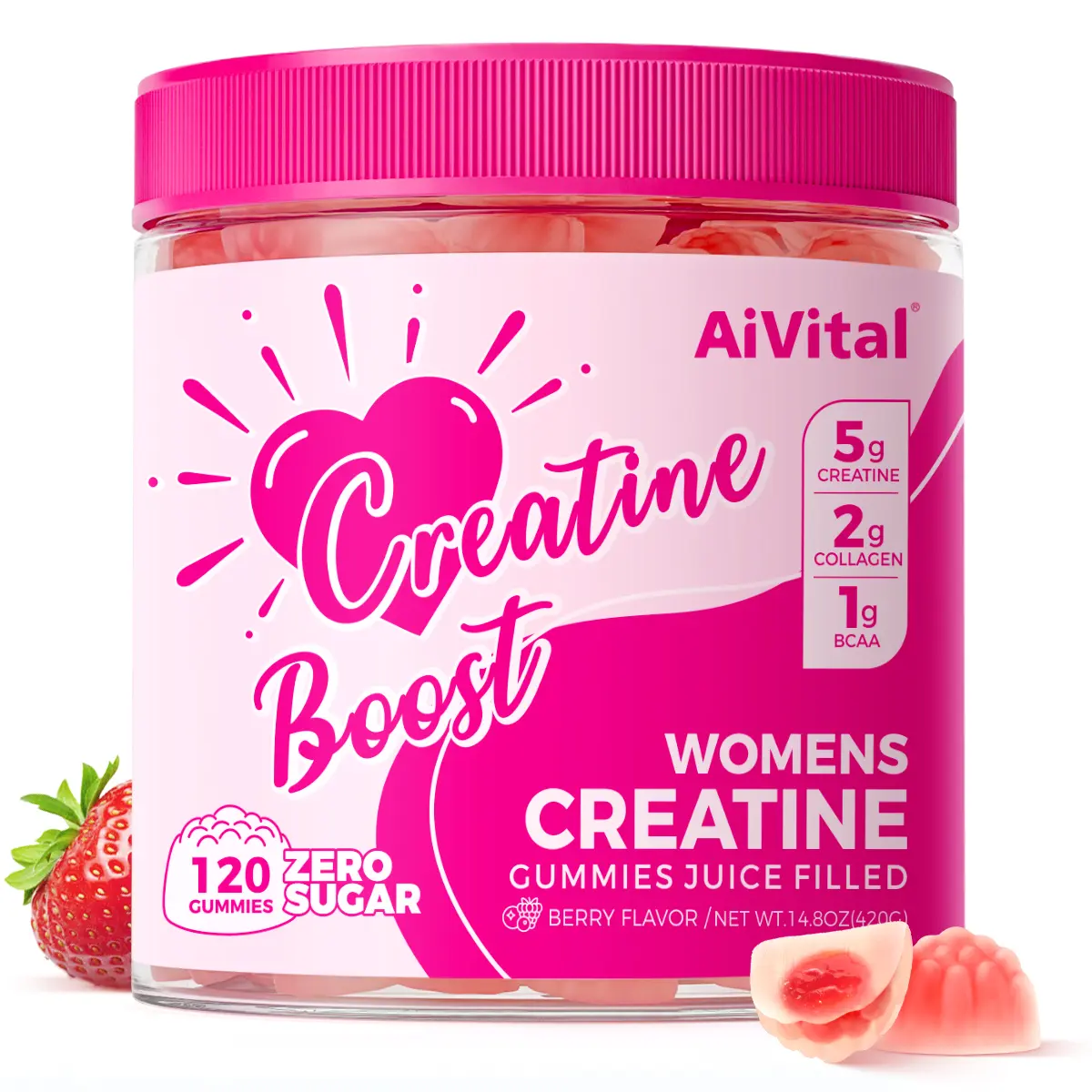 AiVital Zero Sugar Creatine Gummies for Women . with 5g Creatine, 2g Collagen, 1g BCAAs. No Sugar, Berry Flavor Filled Gummy, 120 Count.[New and old packaging shipped randomly]