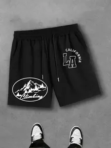 Vintage Red Gorpcore Climbing Breathable Fitted Shorts for Men - Heavyweight Retro LA California Graphic Athletic Shorts with Drawstring & Pockets, Breathable Outdoor Streetwear for Hiking & Casual Summer Outfits