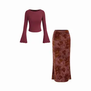 Cider Boat Neck Long Sleeve Top & Mid Rise Floral Ruched Maxi Skirt Set