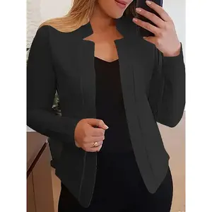 Solid Open-Front Blazer, Elegant Long-Sleeve Slim Work Office Outerwear, Women’s Clothing