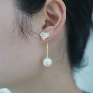 A Pair of Versatile Pearl Inlaid Diamond Heart Earrings, Unique Silver Needle Studs, 2026 New Trending Stylish Ear Accessories, Casual, Heart Shape, Secure Fit