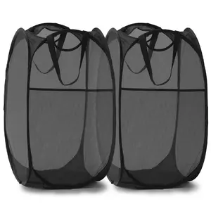 LMMAKE Handy Laundry Collapsible Mesh Pop Up Hamper with Wide Opening & Side Pocket Breathable Sturdy Foldable Space Saving Design for Clothes Storage Black