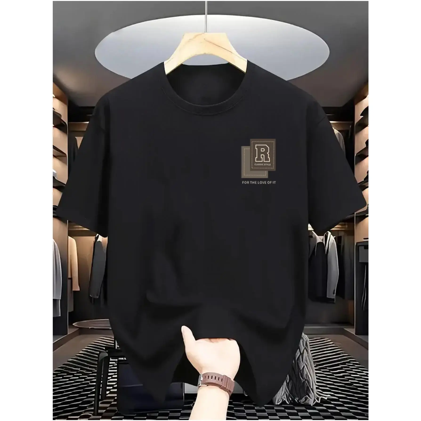 Menswear Graphic Tshirt, Men's Loose Fit Streetwear Top with Geometric R Print, Breathable Casual 200g Cotton, Graphic Tee, Round
