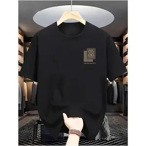 Men's 200g 100% Cotton R Print Geometric Round Neck Shortsleeve Graphic T-Shirt - Loose Baggy, Breathable Casual Clothing, Sports & Outdoor Streetwear Top for Daily Wear, Black Tropical Couple Matching