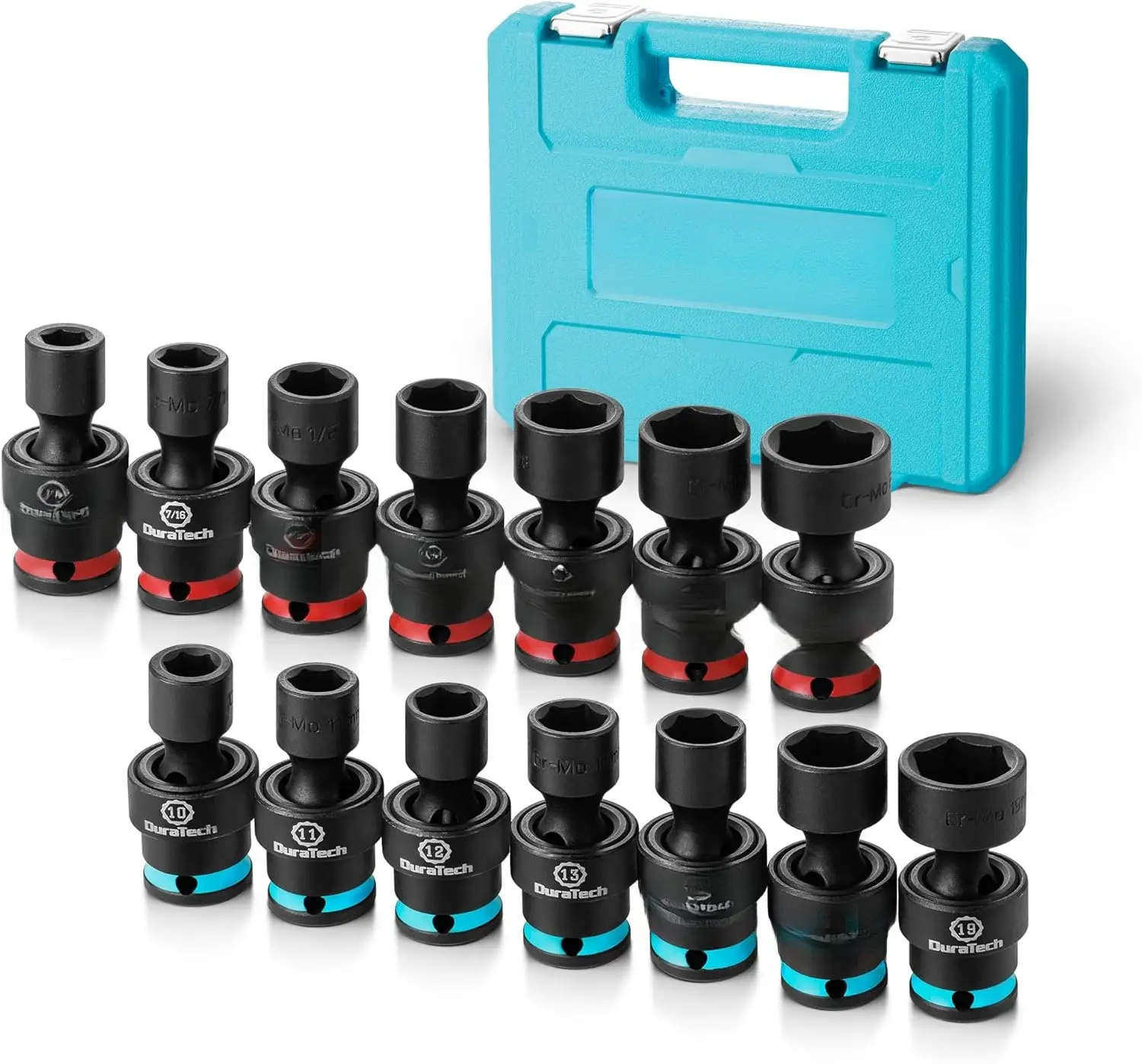 3/8" Drive Impact Swivel Socket Set, Shallow Universal Wobble Socket, SAE&Metric Socket Set with Flexible Joint, 14 count, Cr-Mo Steel, 6 Points, Organized in Sturdy Storage Case