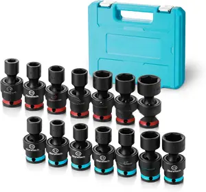 3/8" Drive Impact Swivel Socket Set, Shallow Universal Wobble Socket, SAE&Metric Socket Set with Flexible Joint, 14 count, Cr-Mo Steel, 6 Points, Organized in Sturdy Storage Case
