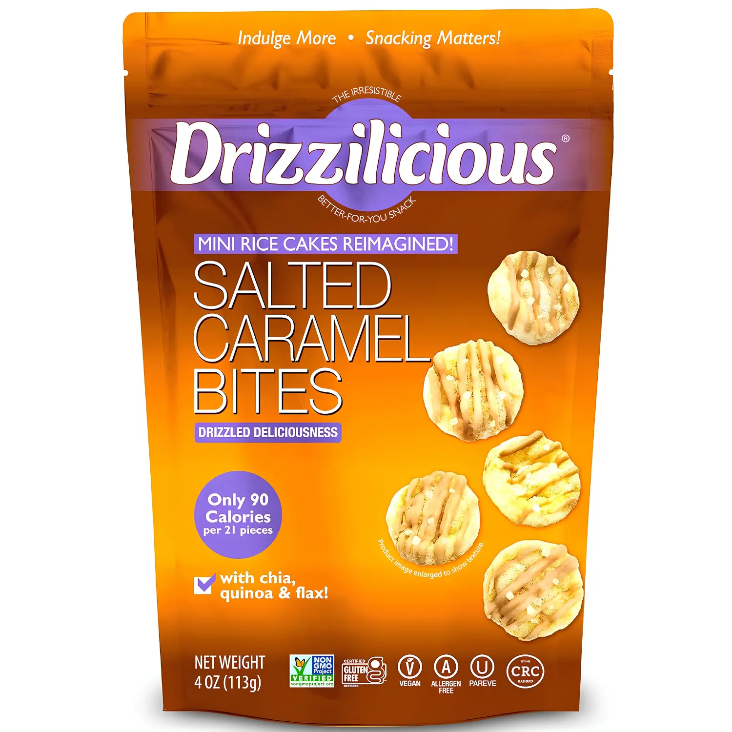 Drizzilicious Salted Caramel Mini Rice Cakes 4oz | Gluten Free Vegan Snack | 90 Calorie Rice Crisps | Healthy Sweet Snack | Non-GMO | Kosher