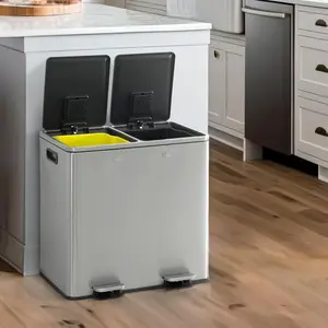 CAPHAUS Dual Trash Can with Double Lid, Trash and Recycle Bins Combo, Hands-free Stainless-Steel Garbage Can for Kitchen, with 2 Compartment, Hinged Lid, Odor Filters, Handles, 25L+25L, 2 x 6.6 Gallon