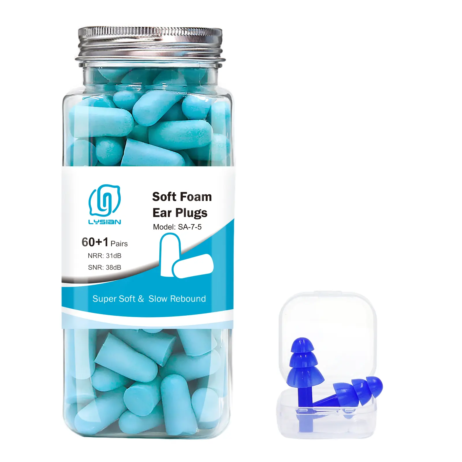 LYSIAN 60 Pairs Noise Reduction Ear Plugs, Soft Slow Rebound Foam for Sleeping, Snoring & Work, NRR 31dB Hearing Protection for Adults, Latex-Free - Lake Blue