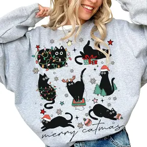 Christmas Cat Sweatshirt Catmas Meow Christmas Tree Light Its Fine Holiday Sweater Funny Kitty Black Cat Xmas Crewneck Festive Kitten Gift