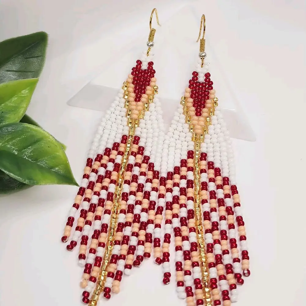 Handcrafted Beaded Earrings with Red, White, and Gold Accents for Women's Fashion. Made with Zcech glass beads #10