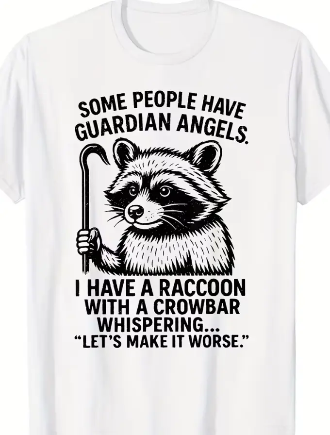 Men's Funny Retro Raccoon Crowbar Meme T-Shirt - 100% Cotton 180g Short Sleeve Tee with Raccoon & Crowbar Design, Humorous Guardian Angel Parody Gift Suitable for Parties, Casual Wear, Novelty Gift for Raccoon Lovers
