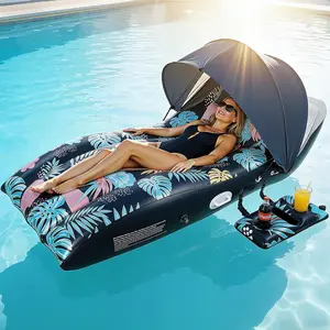 Pool Floats Lounger with UPF50+ Canopy Adjustable, Inflatable Large Floating Chair Ergonomic Design, with Cup Holders, Perfect for Swimming Pool, Beach, Lake, Party - Dark Blue