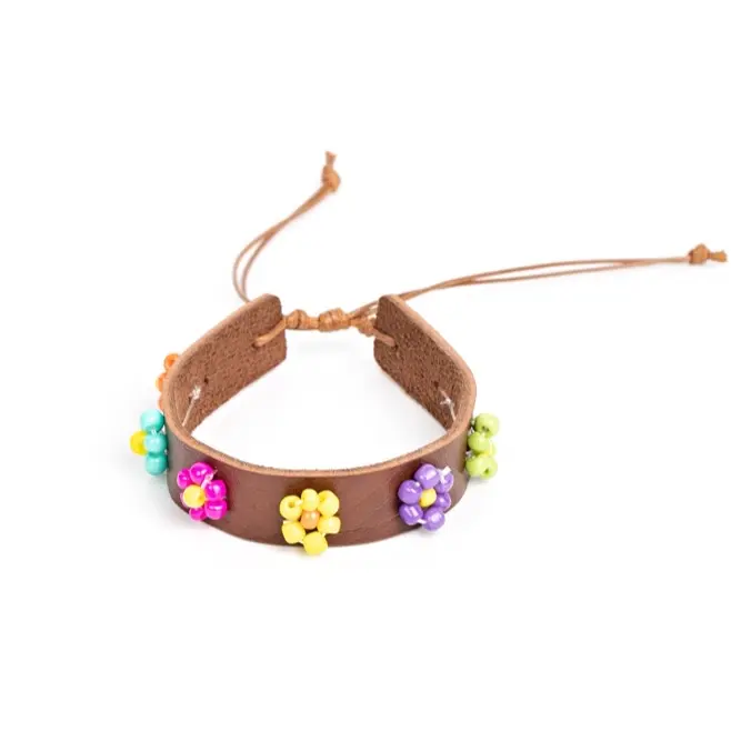 Flowery Frontier - Brown Leather Bracelet with Colorful Floral Beads and Adjustable String for Women