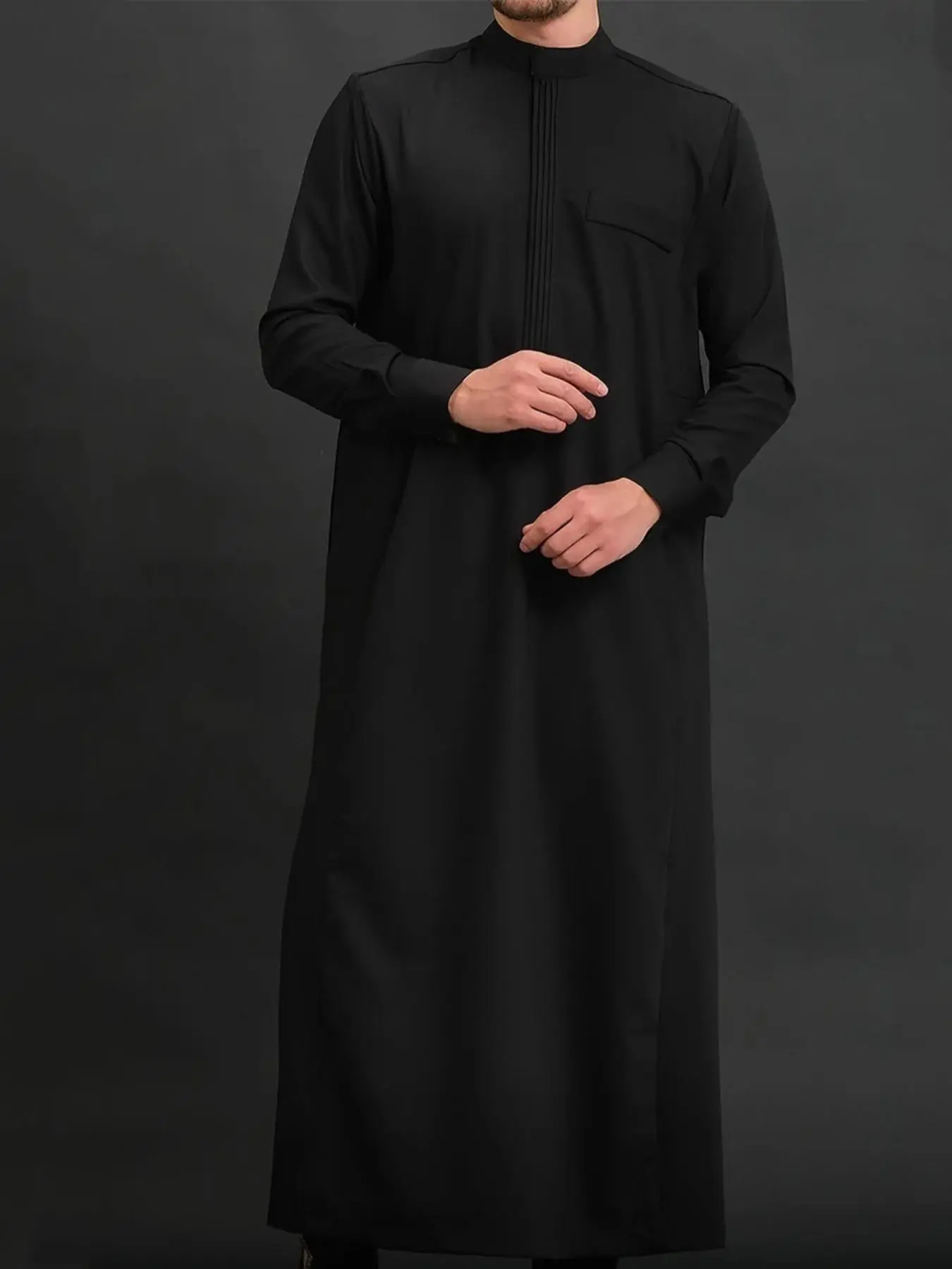 Men's Solid Color Stand Collar Modesty Thobe, Muslim Thobe, Relaxed Casual Comfy Long Sleeve Traditional Arabic Robe for Daily Wear, Traditional Men's Islamic Clothing for All Seasons, Menswear, Collared Style Thobe, Authentic Saudi Thobe