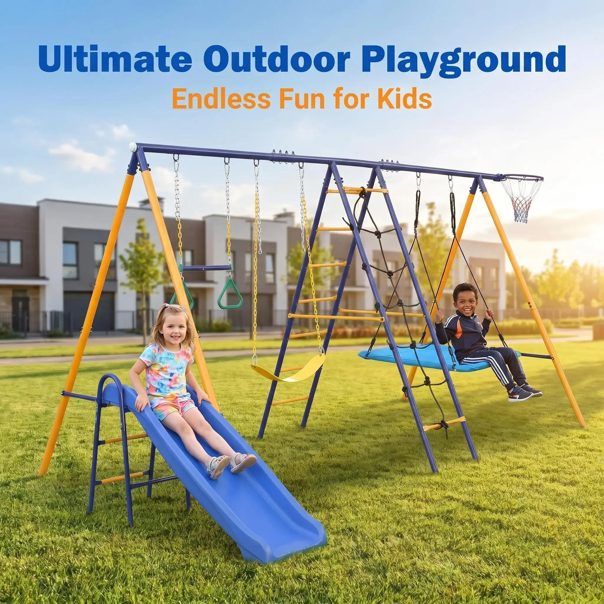7-in-1 Kids Playground Equipment - Swinging Set, Slide, Climber, Basketball Hoop for 3-12 Years Old Backyard Outdoor Fun