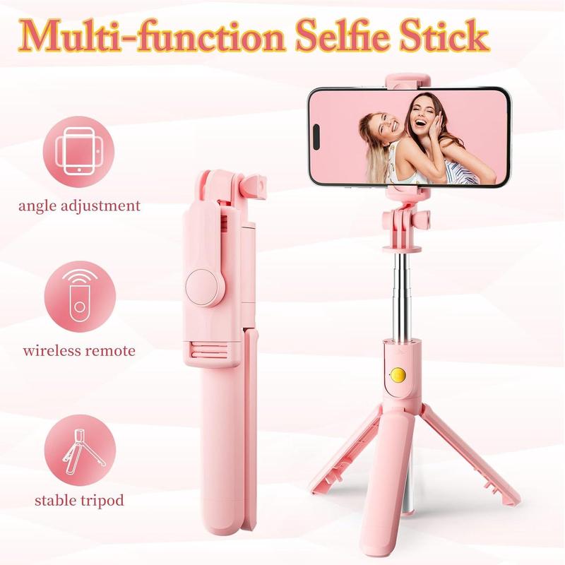Pink Selfie Stick Tripod, with Wireless Remote Control, Live Streaming Video Recording, Compatible with Android, iPhone More