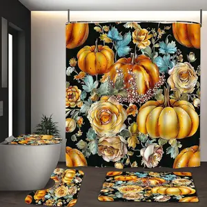 Thanksgiving Pumpkin Pattern Shower Curtain Set, Includes 12 Hooks, Bath Mat, Toilet Lid Cover, U-Shaped Pad, Ideal Gift