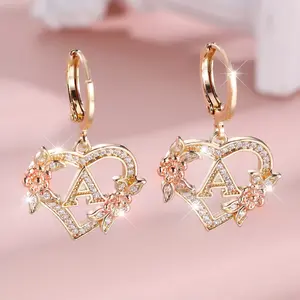 Golden Letter Heart Flower Stud Earrings for Women Elegant Gold White Diamond 26 Letters Design Earrings Trendy Simple High End
