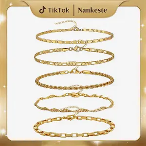 5pcs Gold Bracelet Set for Women 14K Gold Plated Stack Link Bracelet Layering Trendy Beaded Herringbone Cuban Rope Paperclip Box Figaro Chain Bracelet Jewelry Sets
