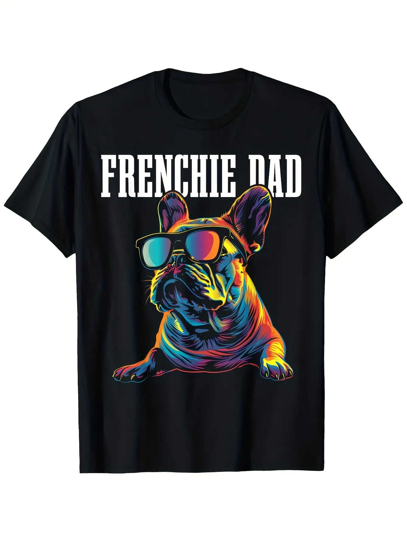 Funny French Bulldog Dad Graphic T-Shirt - Black Tee with Neon Blue & Pink Fashion Glasses - Valentine's Limited Edition Gift for Dog Lovers - Soft Breathable Cotton Shirt - Regular Fit Crew Neck for Men & Women - Machine Washable Pet Parent Apparel, Outd