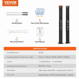 VEVOR Garage Door Torsion Springs, 16000 Cycles, Pair of 0.25x 2x 30inch, Garage Door Springs with Non-Slip Winding Bars, Mounting Tool and Gloves, Electrophoresis Coated, for Replacement