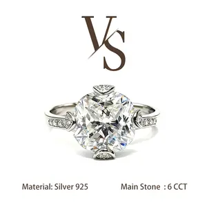 [Venus Jewelry] Lab Created Gemstone 6 CCT Cushion Clover Prong Design VVS 1 D Color Solid Silver 925 Solitare Ring