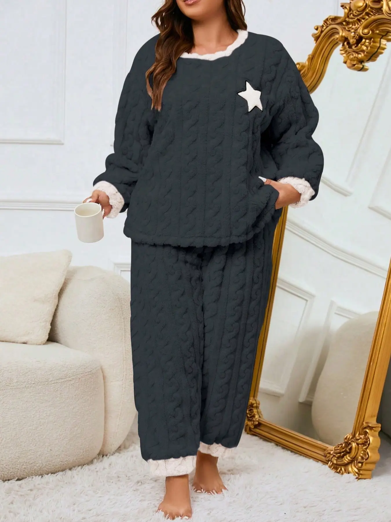 Women's Dark Knit Sleepwear Set, Round Neck Star Embroidered Long Sleeve Top, Fleece Lined Pants, Warm Home Two-Piece Suit Loungewear