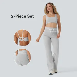 【Creator‘s Pick】Halara 2-Piece Low Support U Neck Cut Out Stripe Yoga Sports Bra & High Waisted Drawstring Striped Yoga Pants with Pockets Set