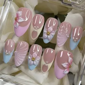 New 3D Flower Nail Art, Nail Art Decoration, Luxury Style Almond Shape Press-On Nails, Reusable Pearl Stickers, Perfect for Parties and Daily Use