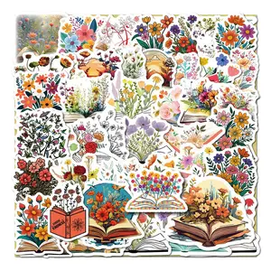 Book & Flower Pattern Sticker, 62pcs/set Waterproof Self Adhesive Decor Paper, Decor Sticker for Gift Greeting Card Water Bottle Laptop Phone
