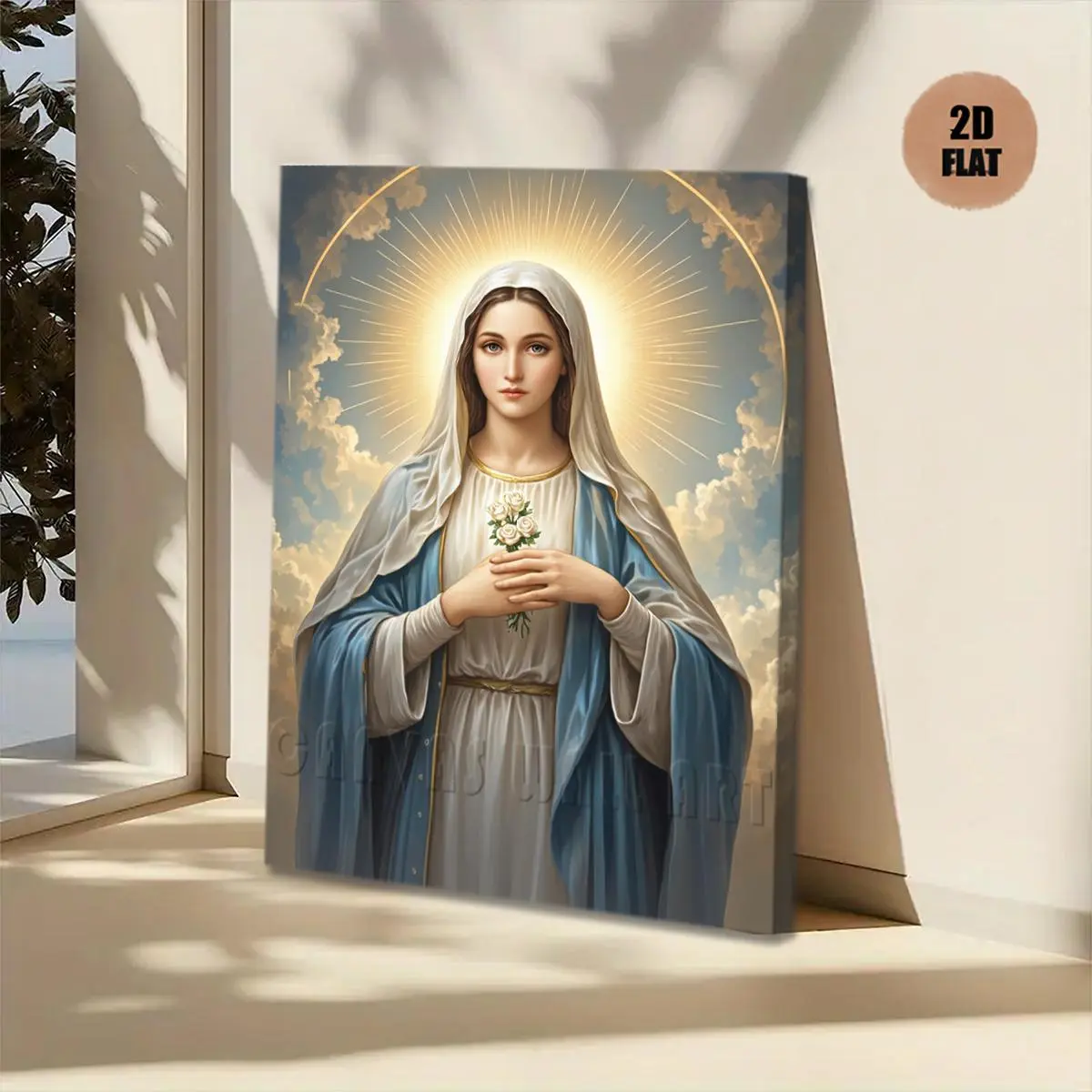 Our Lady of Mary Framed Canvas Art - Elegant Religious Wall Decoration with Waterproof Wooden Frame, 16inchx24inch Virgin Mary Statue, Ready to Hang, Suitable for Home, Church, Gift (Framed), 2D Graphic Design, Perfect Room Decoration