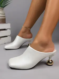 Women's New Metal Ball Heel Square Toe Design Mules High Heel Slip-On Shoes, Fashion PU Upper Material Rubber Sole, Plain Style Less Than Ankle Footwear