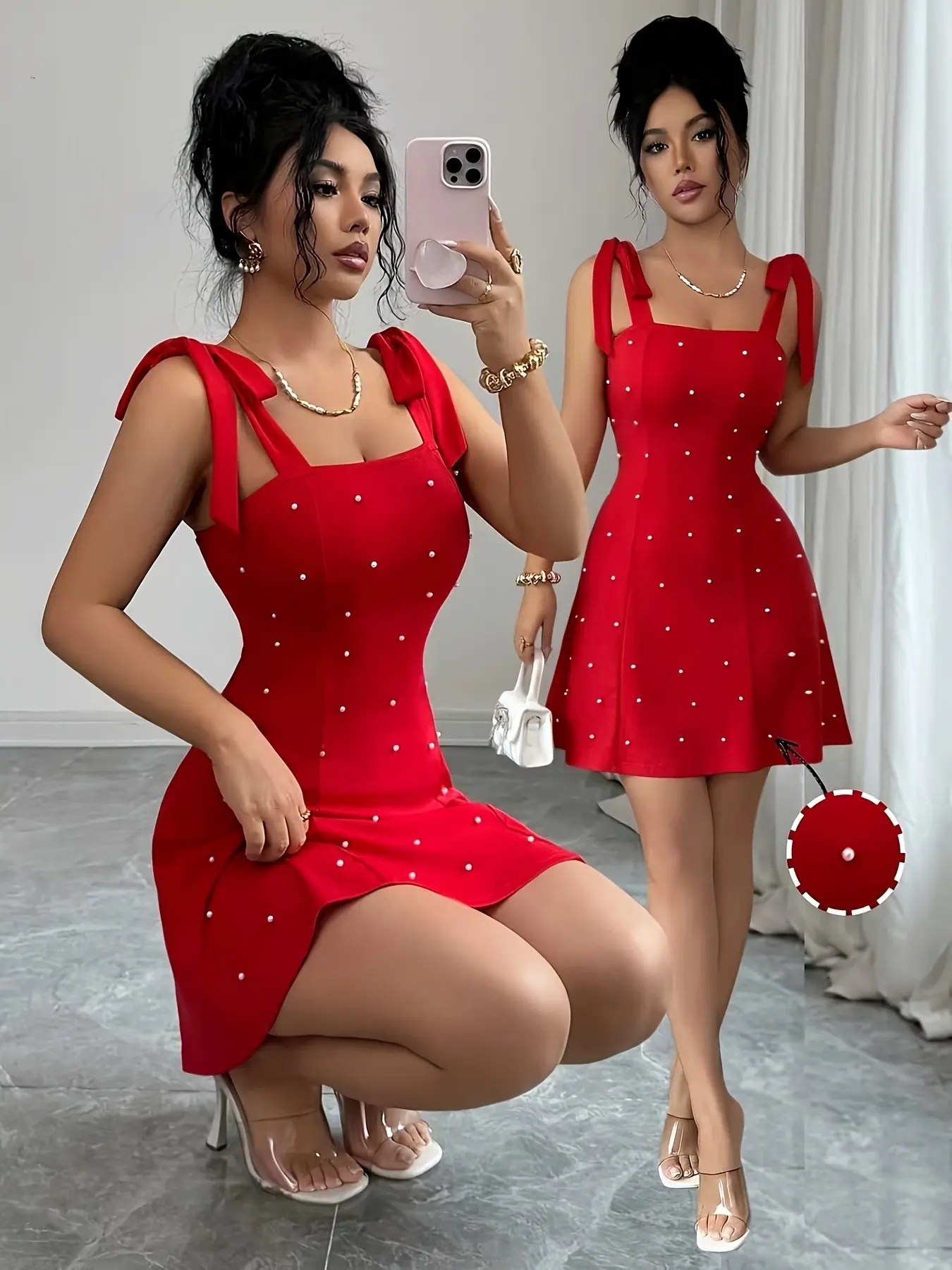 Women's Summer Fashion Elegant Solid Color Pearl Decor Knitted Flowy Womenswear Short A-Line Fit Dress, Perfect for Outdoor Dates and Casual Wear