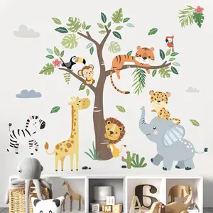 Jungle  Tree Wall Decals Elephant Giraffe Lion Safari Wall Stickers    Bedroom Living Room Wall Decor