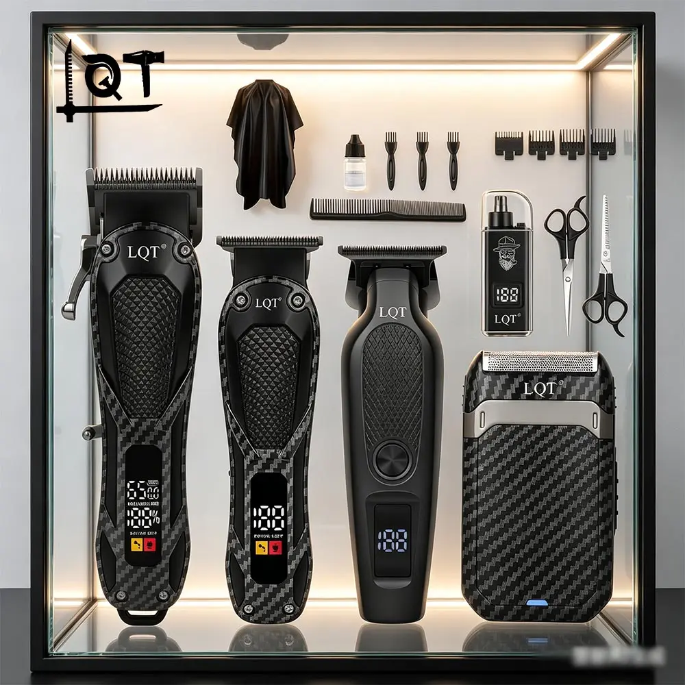 LQT 5-in-1 Professional Men's Grooming Kit - Cordless ABS Plastic Barber Tool with Adjustable Head, Detail Trimmer, Nose Hair Trimmer, Foil Shaver, LCD Display, USB Rechargeable, Portable, Adjust Settings, 5V 1 Complete Kit for At-Home Haircut, Beard Care