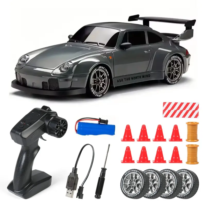 RC Drift Car Mini 4WD 7-Inch 2.4 GHz Remote Control 20 KM/H with LED Headlights, Roadblocks, Dual Batteries, Long-Range Remote Control, 2 Tire Sets Included