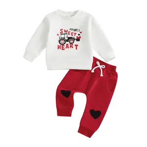 Babamoon Toddler Baby Boy Valentines Day Outfit Tractor Letter Long Sleeve Sweatshirt Tops and Heart Pants 2 Piece Spring Set 0-3T