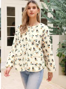 INSPIRE CHIC Women's Fleece Jacket Vintage Floral Print Long Sleeve Winter Warm Outwear Collarless Faux Shearling Coat