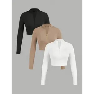 Three-piece Set Retro Half-Zipper High Collar Long Sleeve Slimming Fit Hoodie Inner Layer Short Top Bottoming Shirt for Women Autumn and Winter 465g Q323