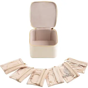 Small Travel  Box with 6 Pouch Bags, Portable Mini  Storage, 3.35 x 4.9 x 4.8 Inches,  Idea for Women Girls (Beige)