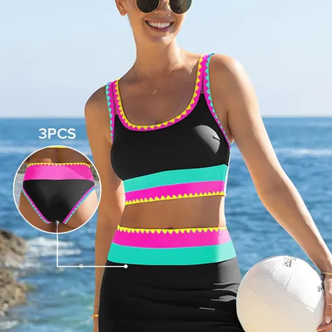 POPVIL Women's Nylon 3-Pieces Bikini Beachwear Swimwear Set - High Waist Tummy Control Skirted Bathing Suit with Adjustable Straps, Medium Coverage, Removable Cups, Bikini Tops and Bottoms for Beach Days (Best-Selling)