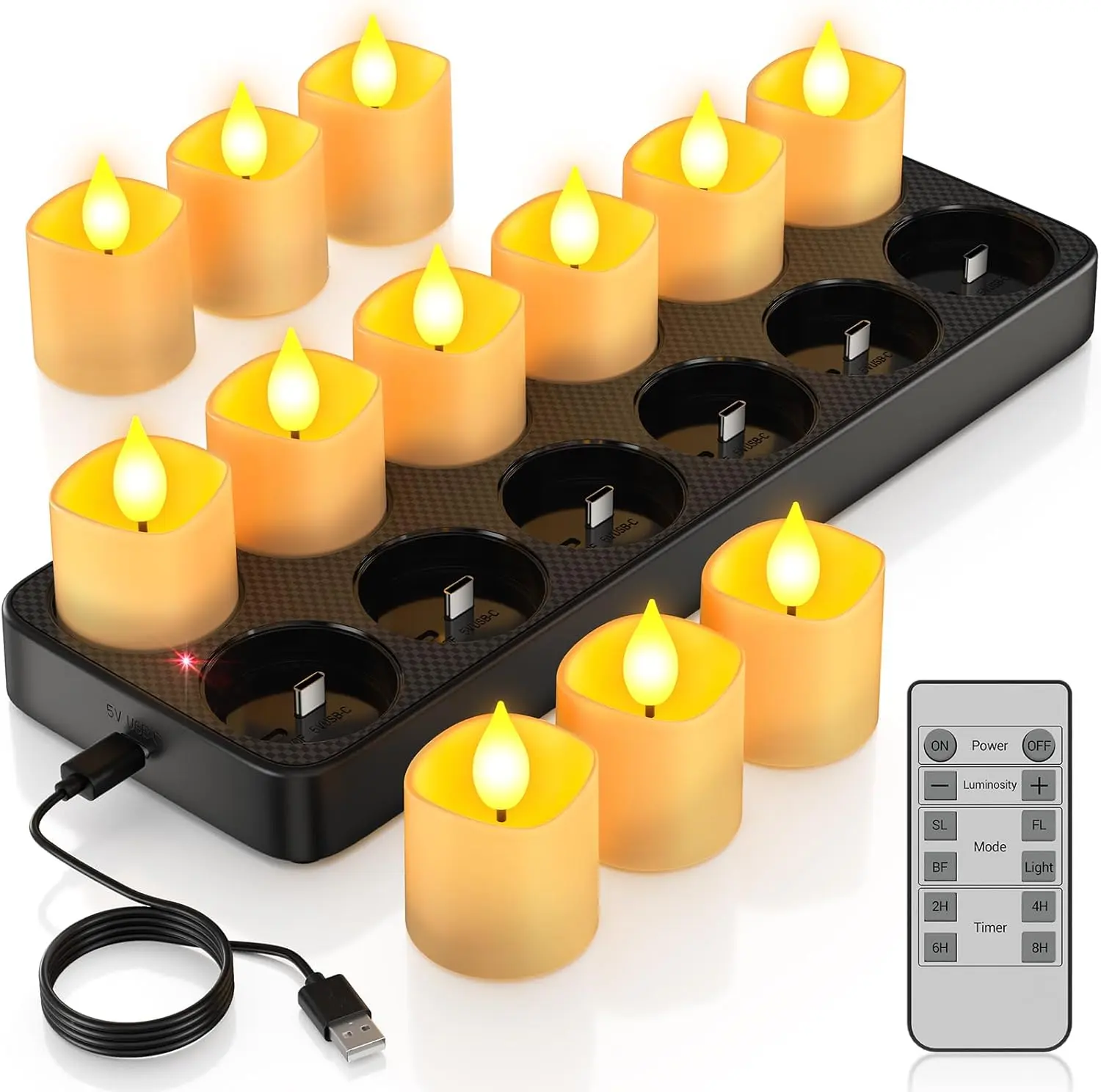 12-Pack Rechargeable Flameless Votive LED Tea Lights, Recharging Candle Lights with Remote Timer & Charging Base, Remote-Controlled Battery-Operated Flickering Decor for Home Wedding Christmas, Remote-Controlled Candle Lights