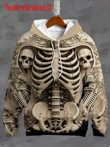 Khaki Skeleton Print Hoodie, Dark Street Style Cool Model