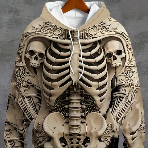 Khaki Skeleton Print Hoodie, Long Sleeves, Dark Cool Street Style, Casual Pullover, Hooded Sweatshirt